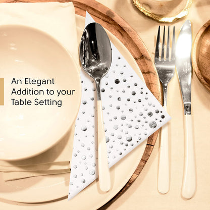 Stylish 6.5 x 6.5 Inch Silver Napkins - 100 Pack of White and Silver Lunch Napkins - Add Sparkle to Your Event with Party Napkins - Disposable 3 Ply Wedding Napkins for Reception