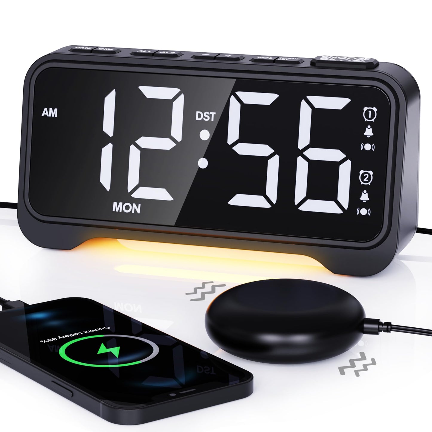 ROCAM Alarm Clock for Heavy Sleepers with Bed Shaker, Vibrating Alarm Clock Loud Dual Alarms, Brightness 0%-100% Weekday Weekend Mode, Power-Off Memory, Warm Night Light Clock for Bedroom