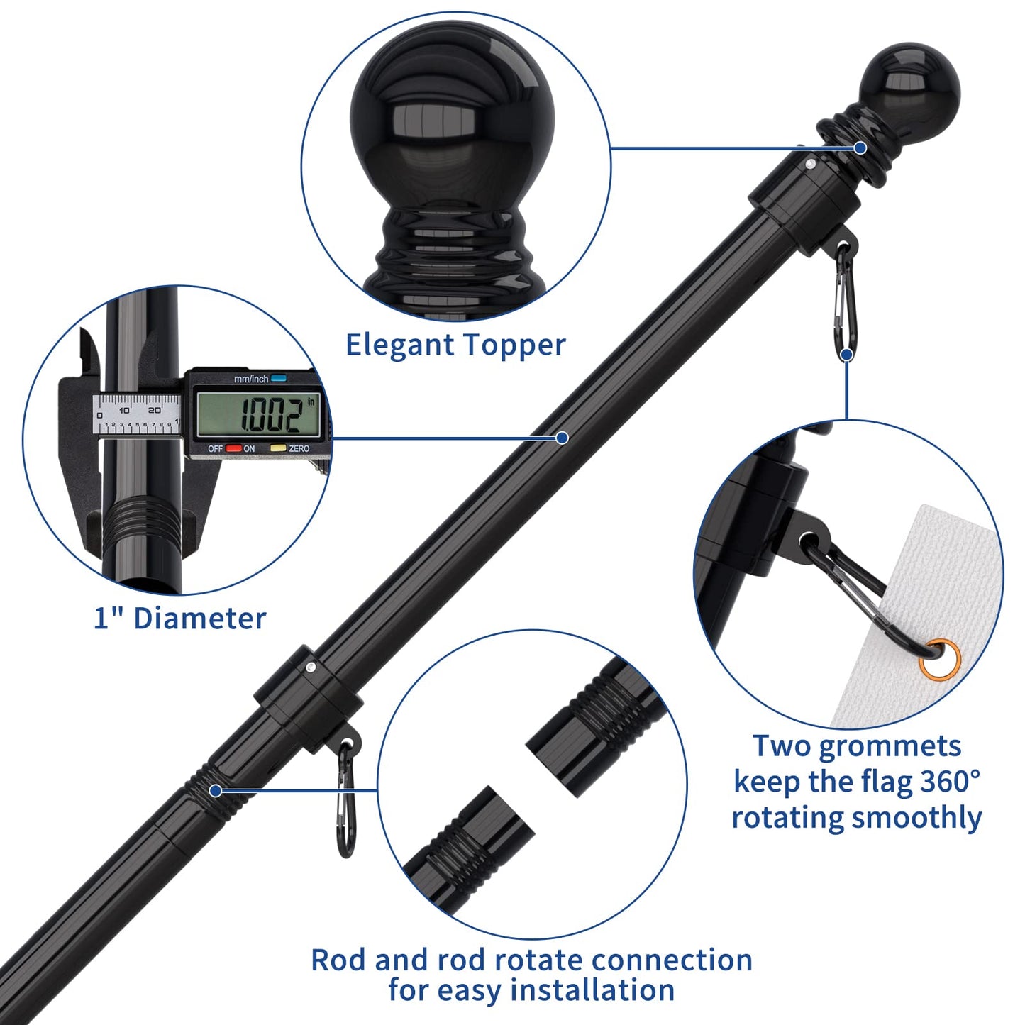 Flag Pole - Tangle Free Flagpole with Upgraded Bracket, 6 FT Stainless Steel Flag Poles for Outside House, Residential or Commerical - Flag Pole Kit for Proud Canadian Flag (Without Flag, Black)