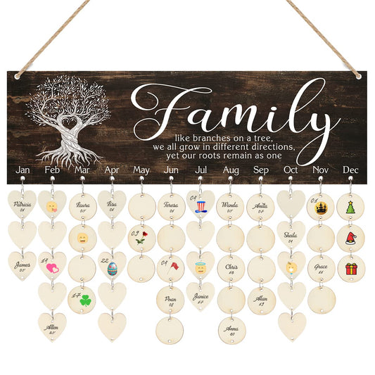 CHDITB Family Birthday Reminder Calendar Board(16”x5“), DIY Birthday Gifts for Mother’s Day Valentine's Day, Wooden Family Friends Birthday Tracker Wall Hanging with 100 Heart/Circle Tags (Brown)