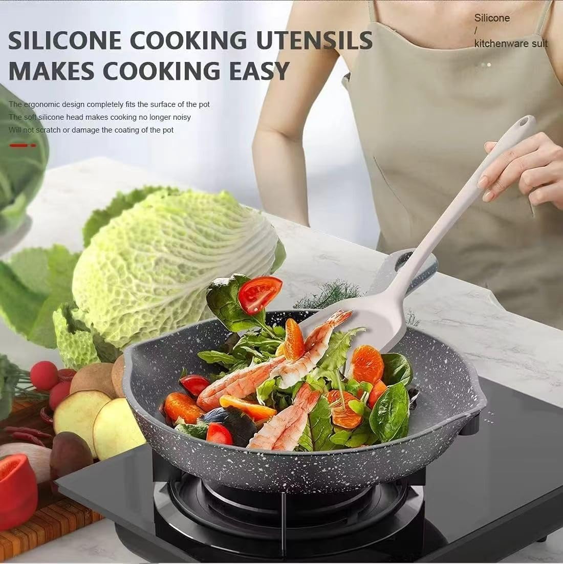 15-Piece Silicone Cooking Utensil Set Non-Stick Includes a Whisk Tongs Spoon and Other Cooking Tools BPA-Free Machine Washable Heat Resistant Up to 220°C (428°F) (Khaki). (15pcs)