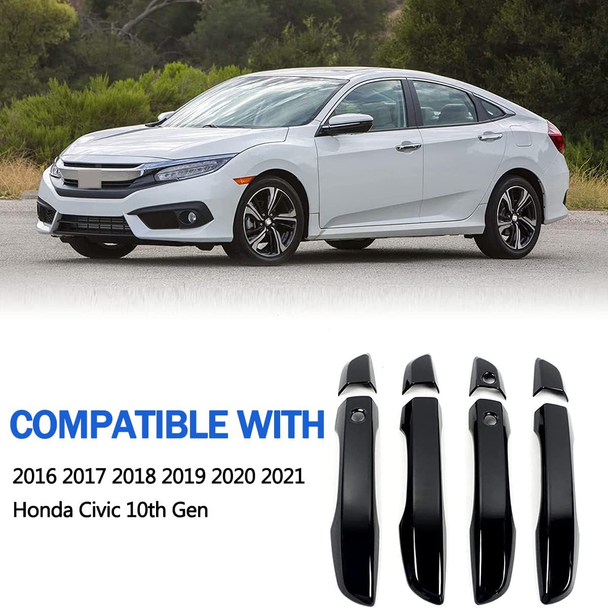 10th Gen Civic Door Handles Cover Exterior Decorative Accessories for Honda Civic 2017 2018 2019 2020 2021 with Smart Keyhole (ABS, Bright Black)