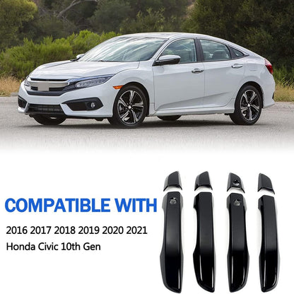 10th Gen Civic Door Handles Cover Exterior Decorative Accessories for Honda Civic 2017 2018 2019 2020 2021 with Smart Keyhole (ABS, Bright Black)