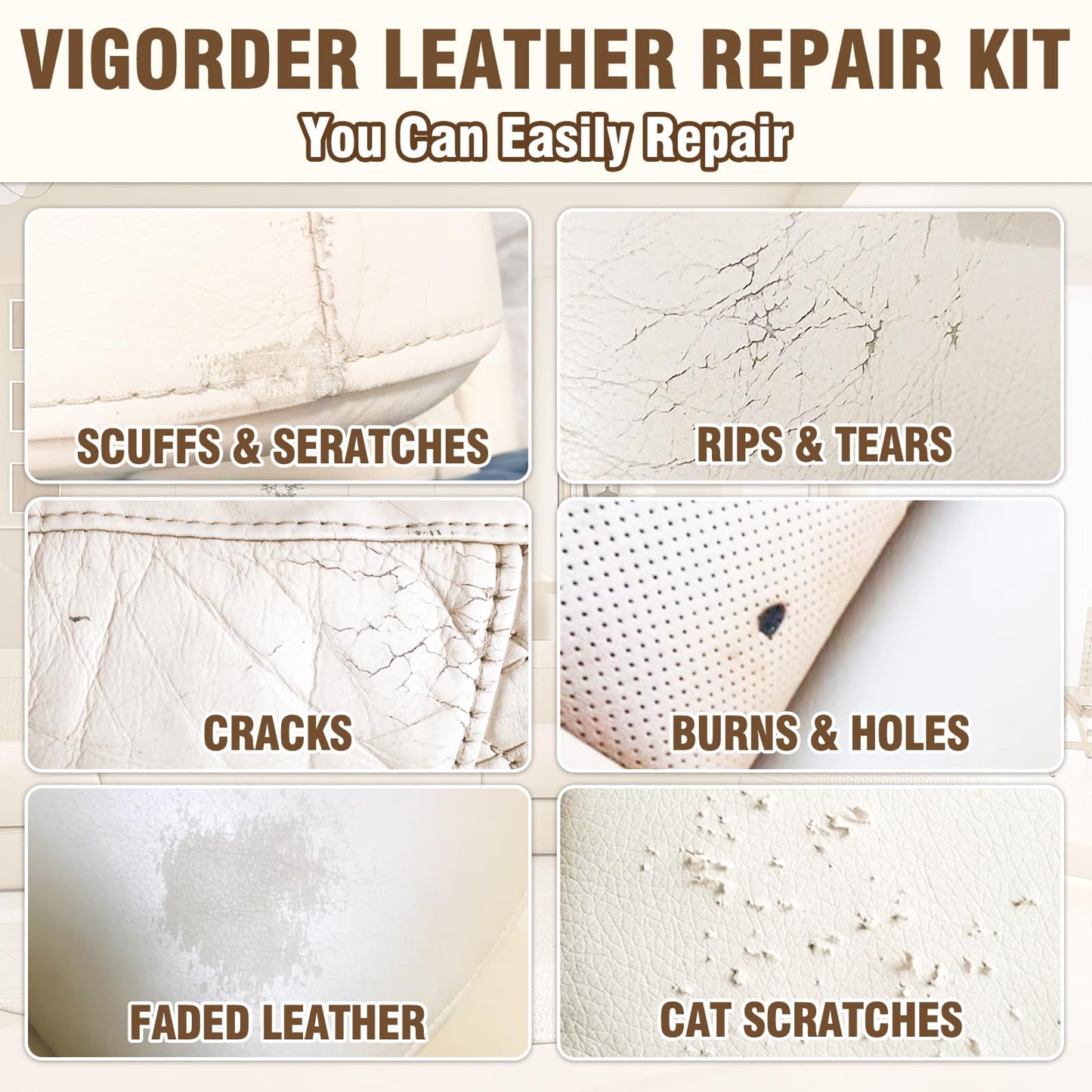 Cream Leather Repair Kit for Furniture, Vinyl Repair Kit for Car Interior, Sofa, Purse and Jacket, Restore Any Material with Super Easy Instructions to Fix Scratches, Tears, Holes, Peeling