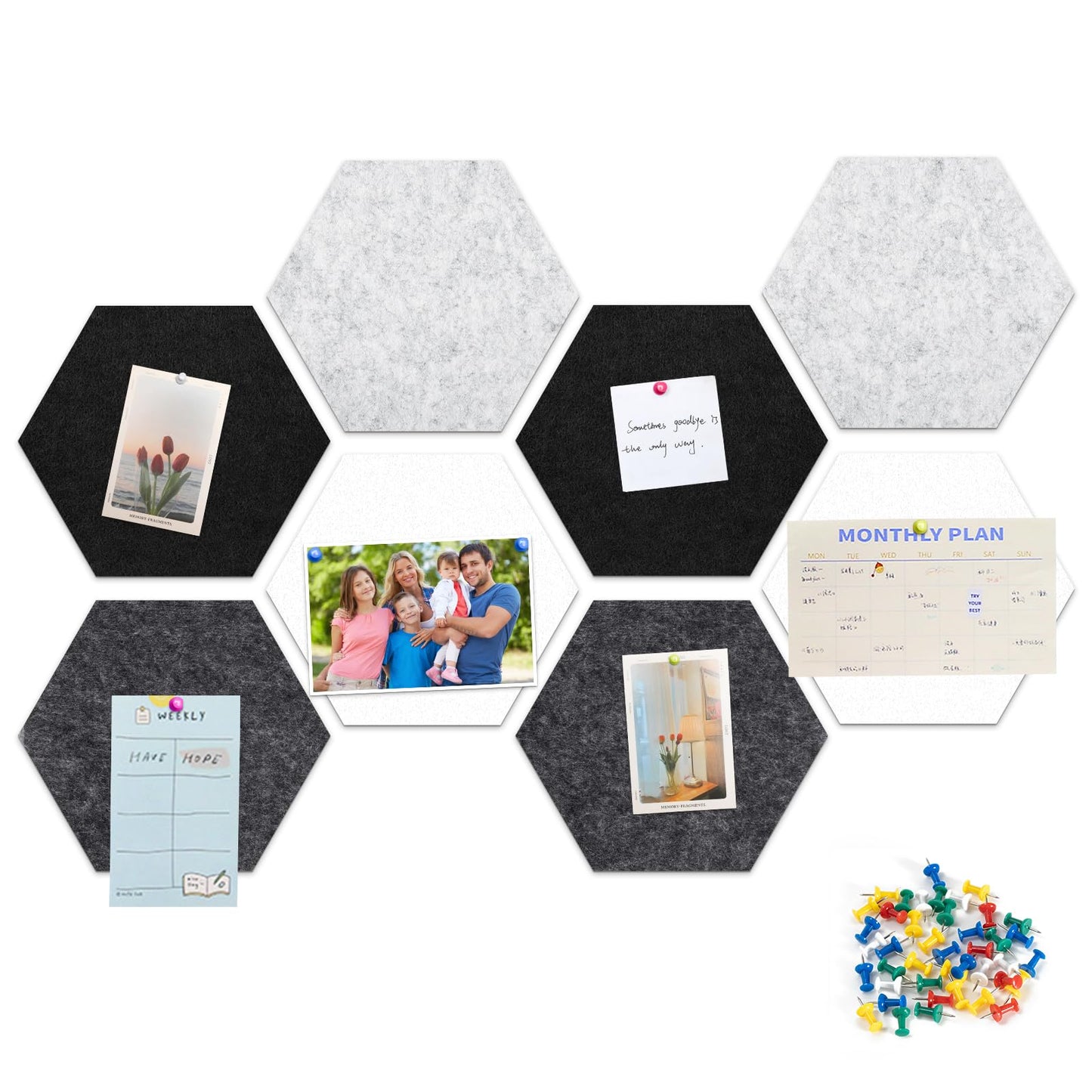 Uoisaiko 12" Large Bulletin Board with 30 Push Pins, Pack of 8 Hexagon Felt Pin Board Notice Boards for Home Office Kitchen, Felt Wall Tiles for Photos Memos