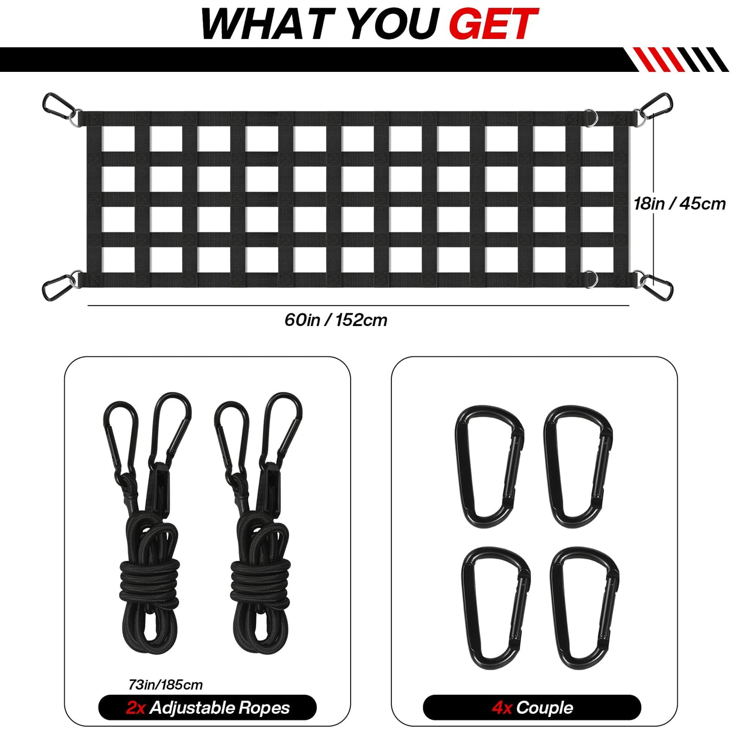 60" x 18" Cargo Net for Truck Bed with 2 Adjustable Ropes, Tailgate Net for Full-Size Truck, Easy-to-use Cargo Net