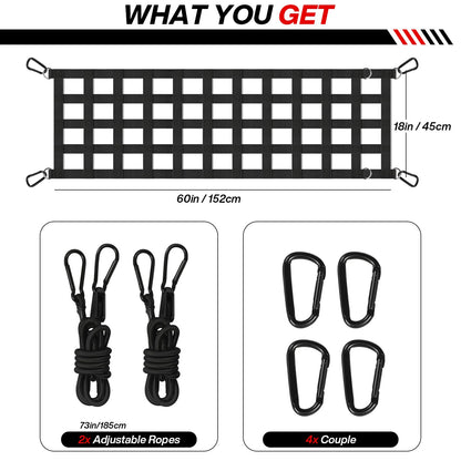 60" x 18" Cargo Net for Truck Bed with 2 Adjustable Ropes, Tailgate Net for Full-Size Truck, Easy-to-use Cargo Net