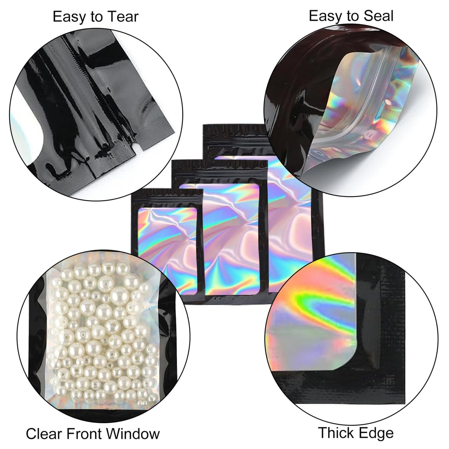 300 Pack 3 Sizes Resealable Mylar Holographic Bags Food Storage Smell Proof Bags with Front Window Packaging Pouch for Sample Snack Cookies Jewelry (Black, 3 x 4.7 inch,4 x 6 inch,4.7 x 7.9 inch)