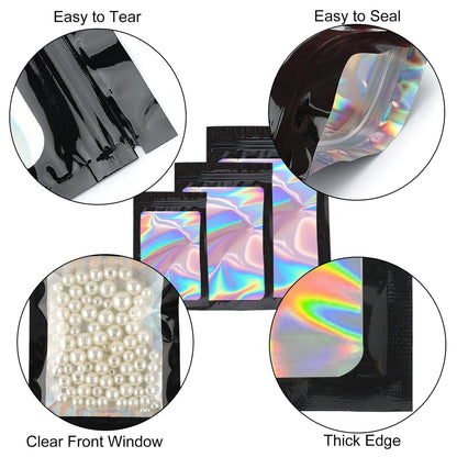 300 Pack 3 Sizes Resealable Mylar Holographic Bags Food Storage Smell Proof Bags with Front Window Packaging Pouch for Sample Snack Cookies Jewelry (Black, 3 x 4.7 inch,4 x 6 inch,4.7 x 7.9 inch)