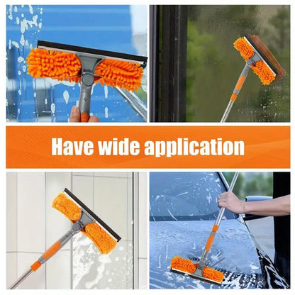 2 in 1 Window Cleaning Tools Squeegee, Double-Sided Professional Cleaner Rotatable Window Kit with Long Handle Pole 20+ Ft, Chenille Microfiber Duster Pads Scrubber for Indoor Outdoor High Glass