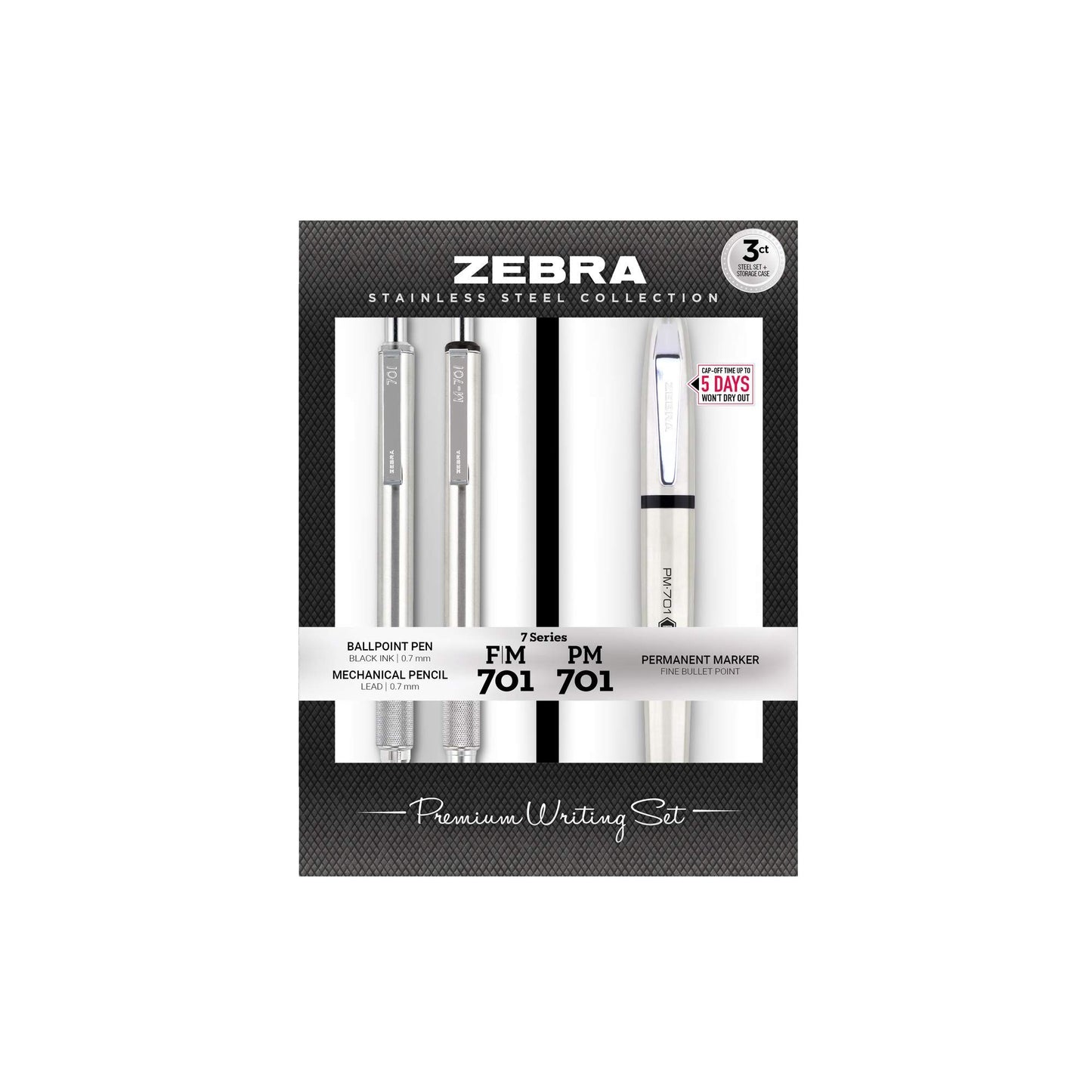 Zebra Pen PM-701 Permanent Marker, F-701 and M-701 Retractable Ballpoint Pen/Pencil Gift Set, Premium Steel Barrel, Fine Point, 0.7mm/0.8mm, 3-Pack (11213), Black
