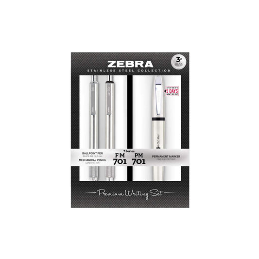 Zebra Pen PM-701 Permanent Marker, F-701 and M-701 Retractable Ballpoint Pen/Pencil Gift Set, Premium Steel Barrel, Fine Point, 0.7mm/0.8mm, 3-Pack (11213), Black