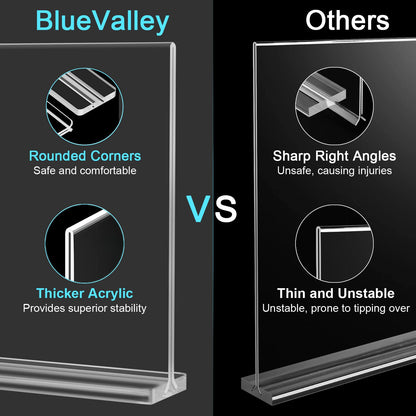 BlueValley Clear Acrylic Sign Holder - 6 Pack 5x7" Double Sided Table Menu Sign Holder Vertical Poster Ad Picture Frame - Plastic Brochure Paper Display Stand for Office Catering Exhibition Event Store Show Fair