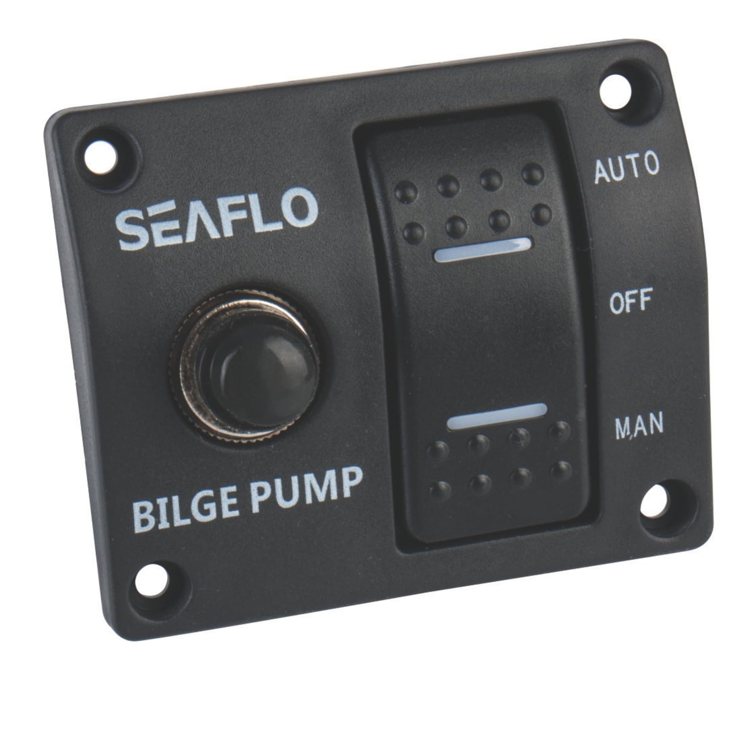 SEAFLO 3-Way Bilge Pump Panel Rocker Switch 32V/24V/12V - Automatic/Off/Manual with Built-in 15A Circuit Breaker, LED Indicator, Marine Grade Black Plastic Panel for Marine Pumps | 4-Year Warranty