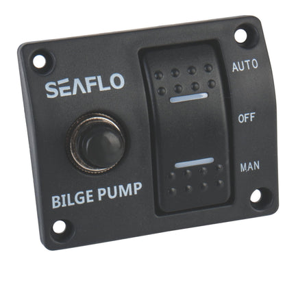 SEAFLO 3-Way Bilge Pump Panel Rocker Switch 32V/24V/12V - Automatic/Off/Manual with Built-in 15A Circuit Breaker, LED Indicator, Marine Grade Black Plastic Panel for Marine Pumps | 4-Year Warranty