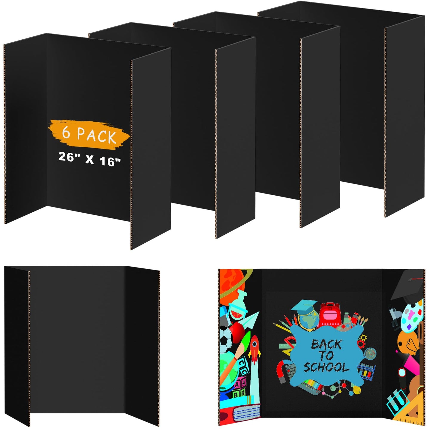 AKONEGE 6Pcs Medium Trifold Poster Board, 26" x 16" Black Corrugated Cardboard Tri Fold Poster Boards for School Projects, Presentations, Science Fair, Photo Display, Art Exhibition