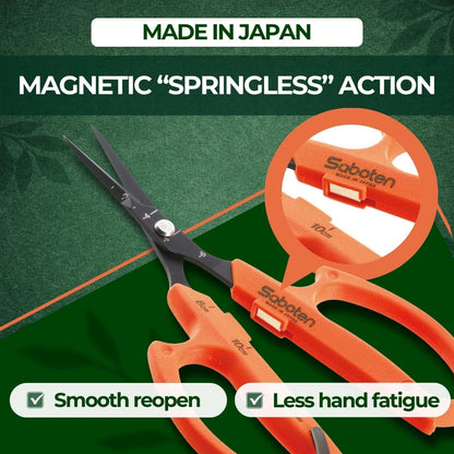Saboten 6.3" Automatic Japanese Harvesting Shears - Fine-Tipped Curved Blade, Magnetic Springless Action, Stainless Steel with Fluorine Coating, Ergonomic Grip - forest Originals, Made in Japan