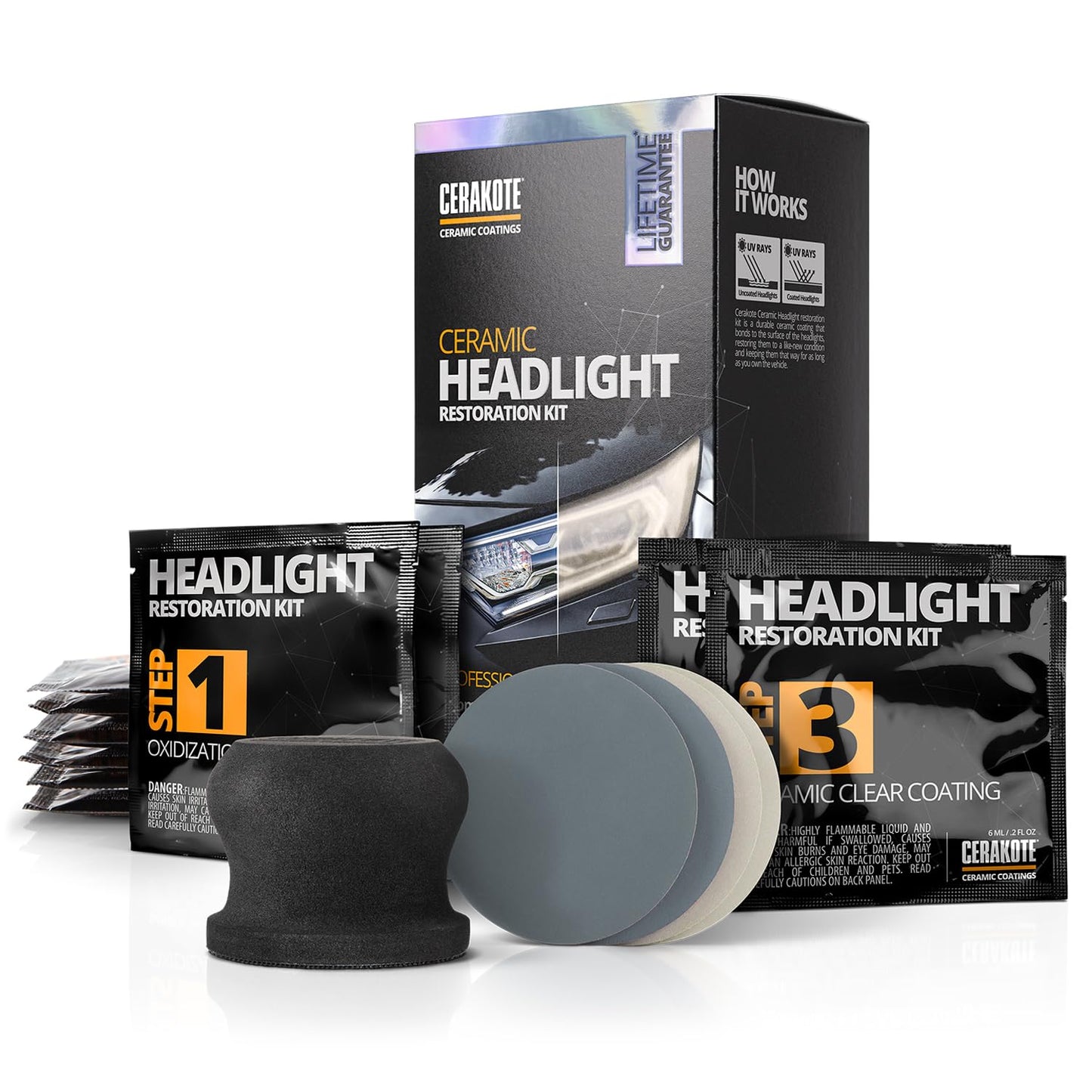 CERAKOTE® Ceramic Headlight Restoration Kit – Guaranteed To Last As Long As You Own Your Vehicle – Brings Headlights back to Like New Condition - 3 Easy Steps - No Power Tools Required