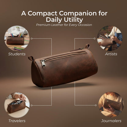 Wanderings Small Triangle Leather Pencil Pouch – 8.5" / 21.6 cm – Handcrafted Full-Grain Leather Zipper Case – Compact Brown and Stylish Pencil Case for Artists, Travel Makeup, Jewelry, and Purse Bag