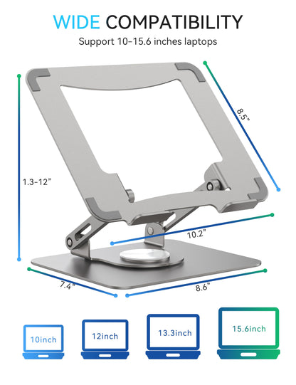 SOUNDANCE Laptop Stand with 360° Rotating Base, Ergonomic Computer Riser for Desk, Adjutable Height Muti-Angle, Foldable Laptop Mount, Stable Metal Holder Support 10-15.6" Notebook PC, Silver Grey