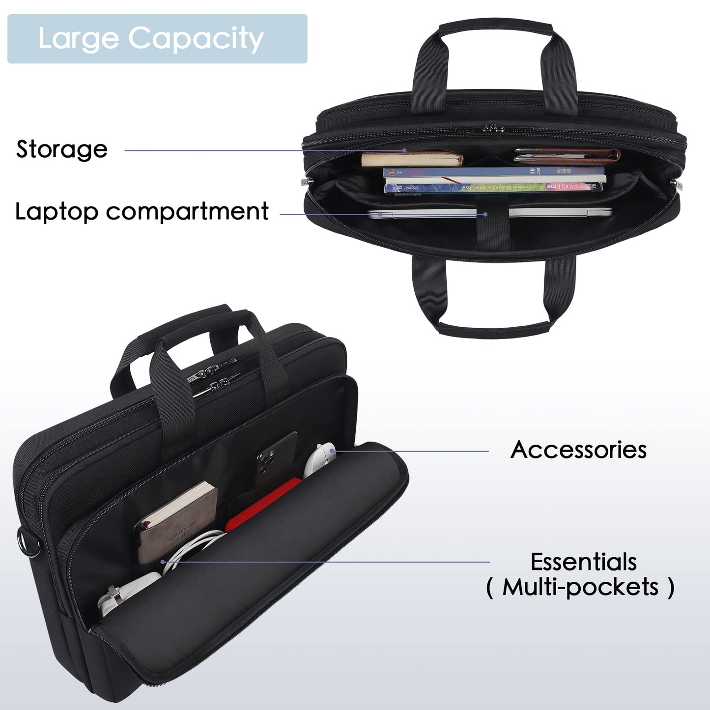 DOMISO 17-17.3" Laptop Briefcase Waterproof & Shockproof Business Bag w/Luggage Strap & Anti-Theft - Fits 17" Laptops, Black