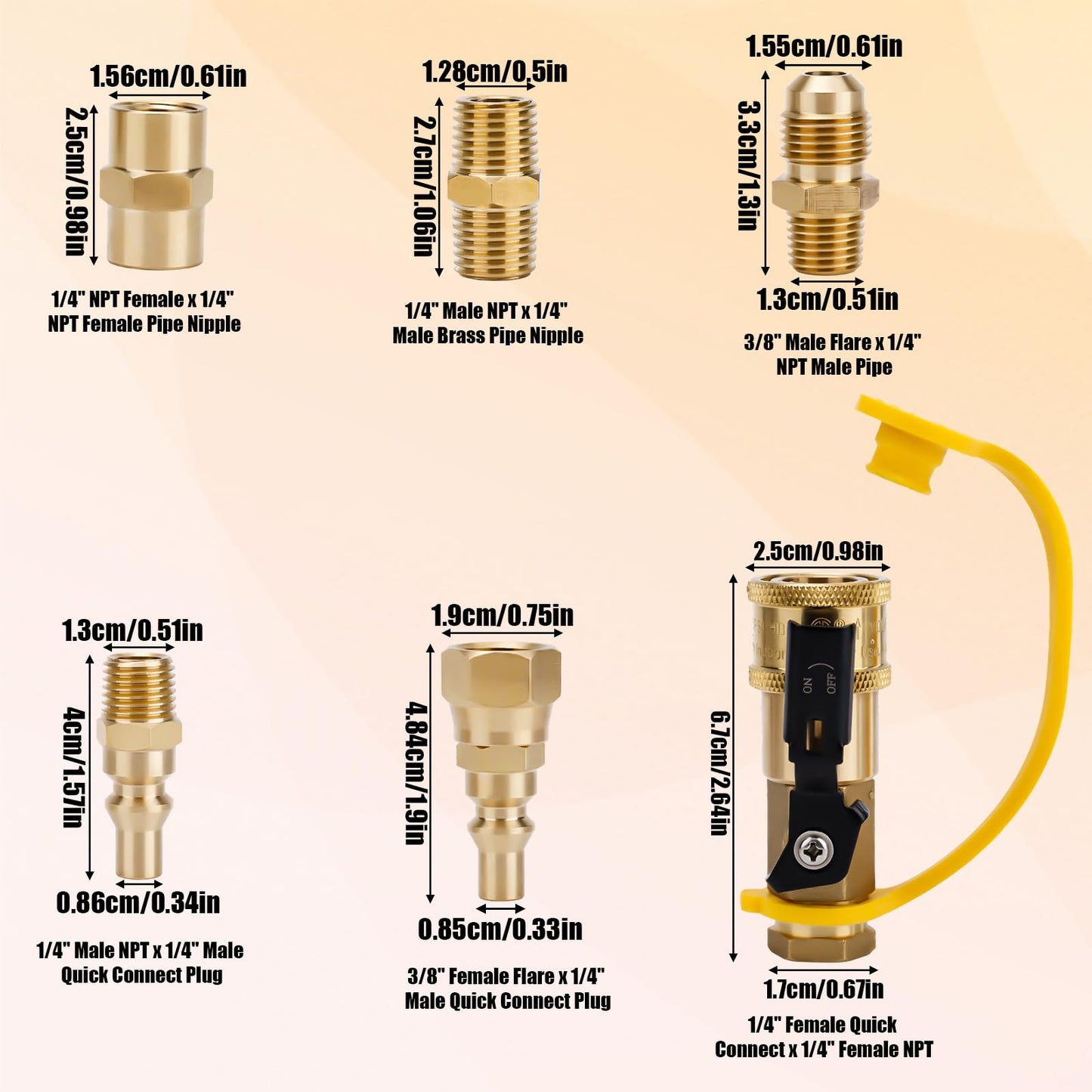 7pcs RV Propane Quick Connect Fittings Adapter Valve Kit, 3/8" Flare x 1/4" NPT Male Female Brass Quick Connect Plug Couplers Pipe Nipple for Low Pressure Gas Appliance Grills Heaters BBQ