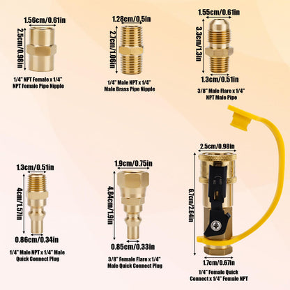 7pcs RV Propane Quick Connect Fittings Adapter Valve Kit, 3/8" Flare x 1/4" NPT Male Female Brass Quick Connect Plug Couplers Pipe Nipple for Low Pressure Gas Appliance Grills Heaters BBQ
