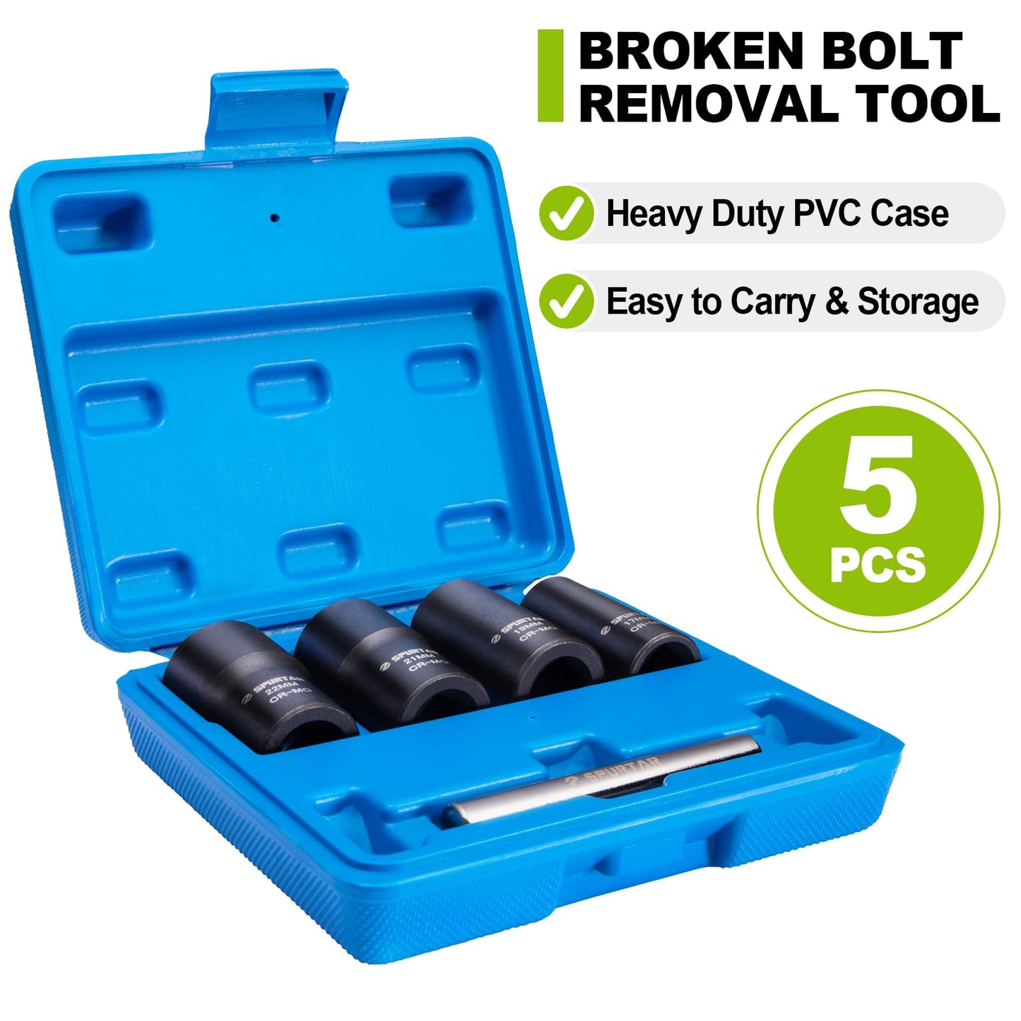 Spurtar 5 Pcs Wheel Lock Removal Kit, Locking Lug Nut Removal Tool Lug Nut Extractor Set Twist Socket Set for Removing Damaged, Dead, Rusted, Rounded-Off Bolts, Nuts & Screws-17MM,19MM, 21MM, 22MM