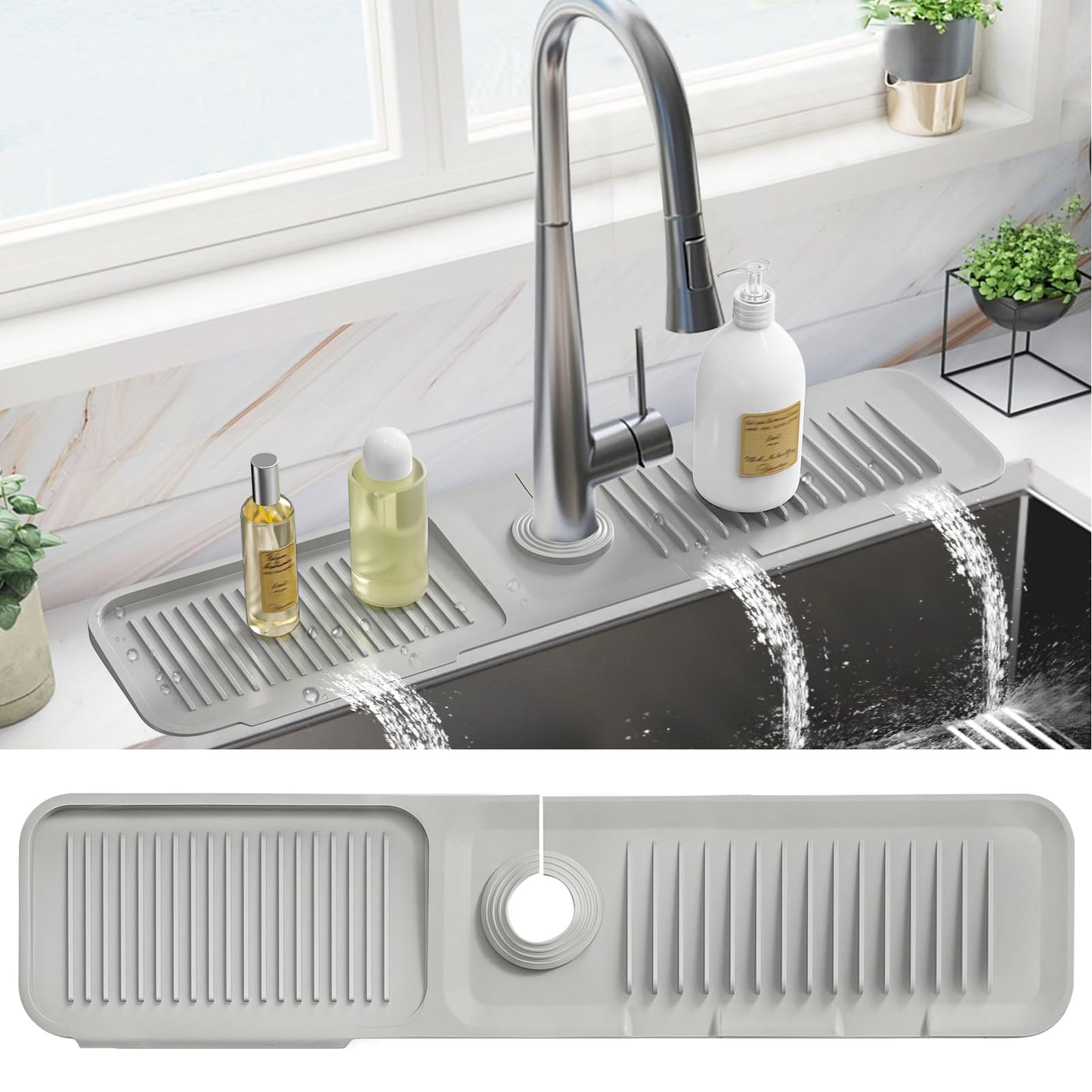 PoYang 24 inch Kitchen Sink Splash Guard, Silicone Draining Mat for Sink Longer Silicone Faucet Drainer Pad, Sink Protector for Kitchen Sink Mat, Sponge Holder for Kitchen Sink Accessories, Light Grey