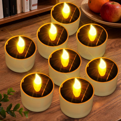 Solar Candle Lights Outdoor Waterproof - 8 Pack Rechargeable Flickering Tea Lights Solar Powered Reusable LED Candles Flameless Lamp Nightlights for Lanterns Garden Camping Home Decor, 2.3''x2.1''