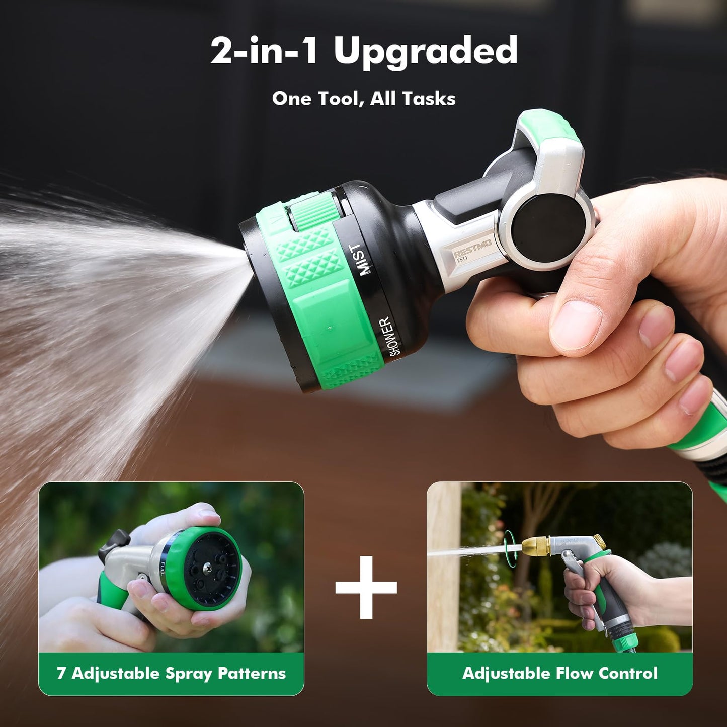 RESTMO Water Hose Nozzle Heavy Duty, Garden Hose Nozzle with 9 Adjustable Spray Patterns, High Pressure Hose Sprayer Nozzle with Flow Control for Watering Plants & Lawns, Washing Cars & Pets