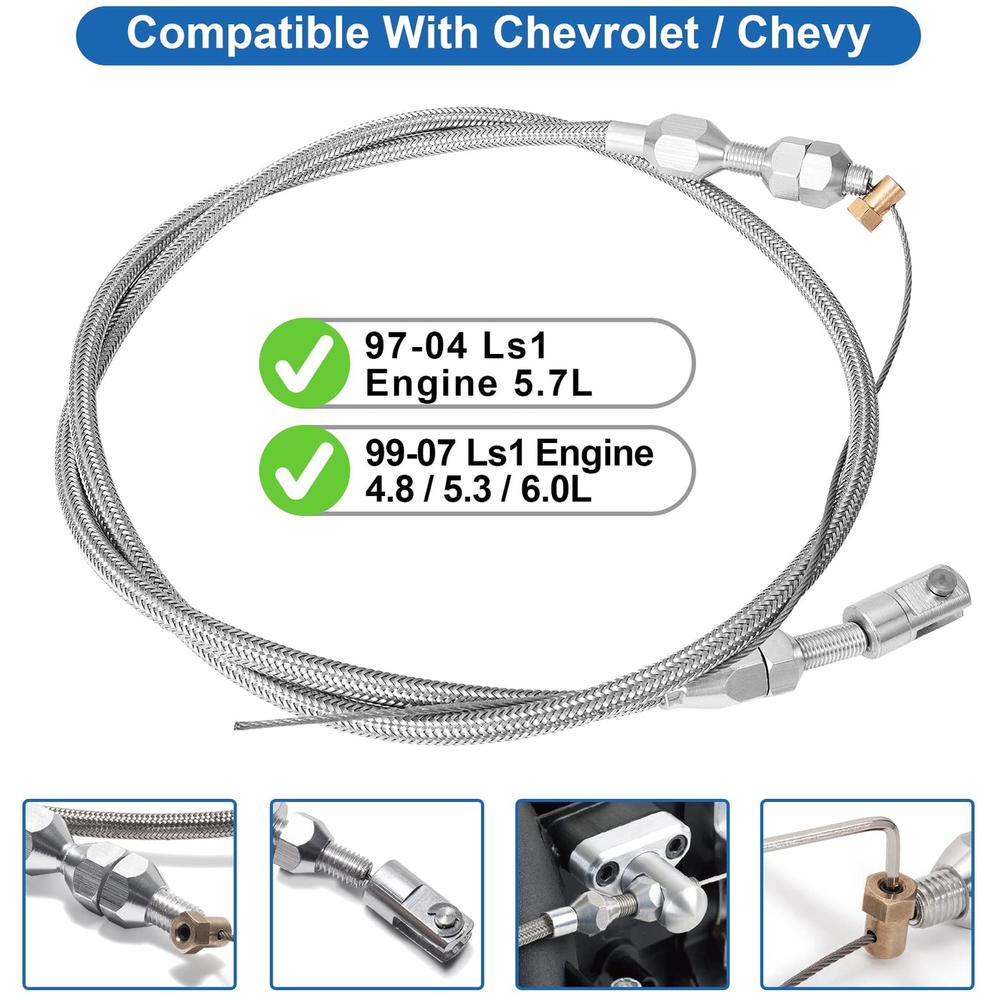 Spurtar 36" Braided Throttle Cable Kit, Compatible with 97-07 Chevrolet/Chevy LS1 Engine 4.8L 5.3L 5.7L 6.0L, 36in Accelerator Throttle Cable Repair Kit Stainless Steel Swap Fuel Line