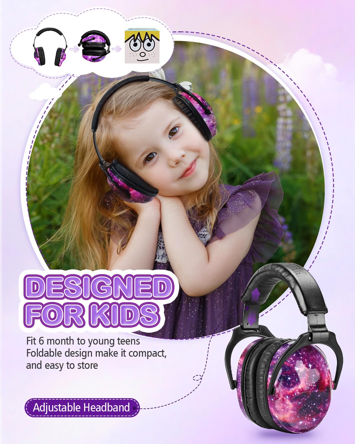 ZOHAN EM030 Kids Ear Protection Safety Ear Muffs for Concerts, Fireworks, Air Shows, Upgraded Adjustable Noise Reduction Hearing Protectors for Children Have Sensory Issues - Nebula Print