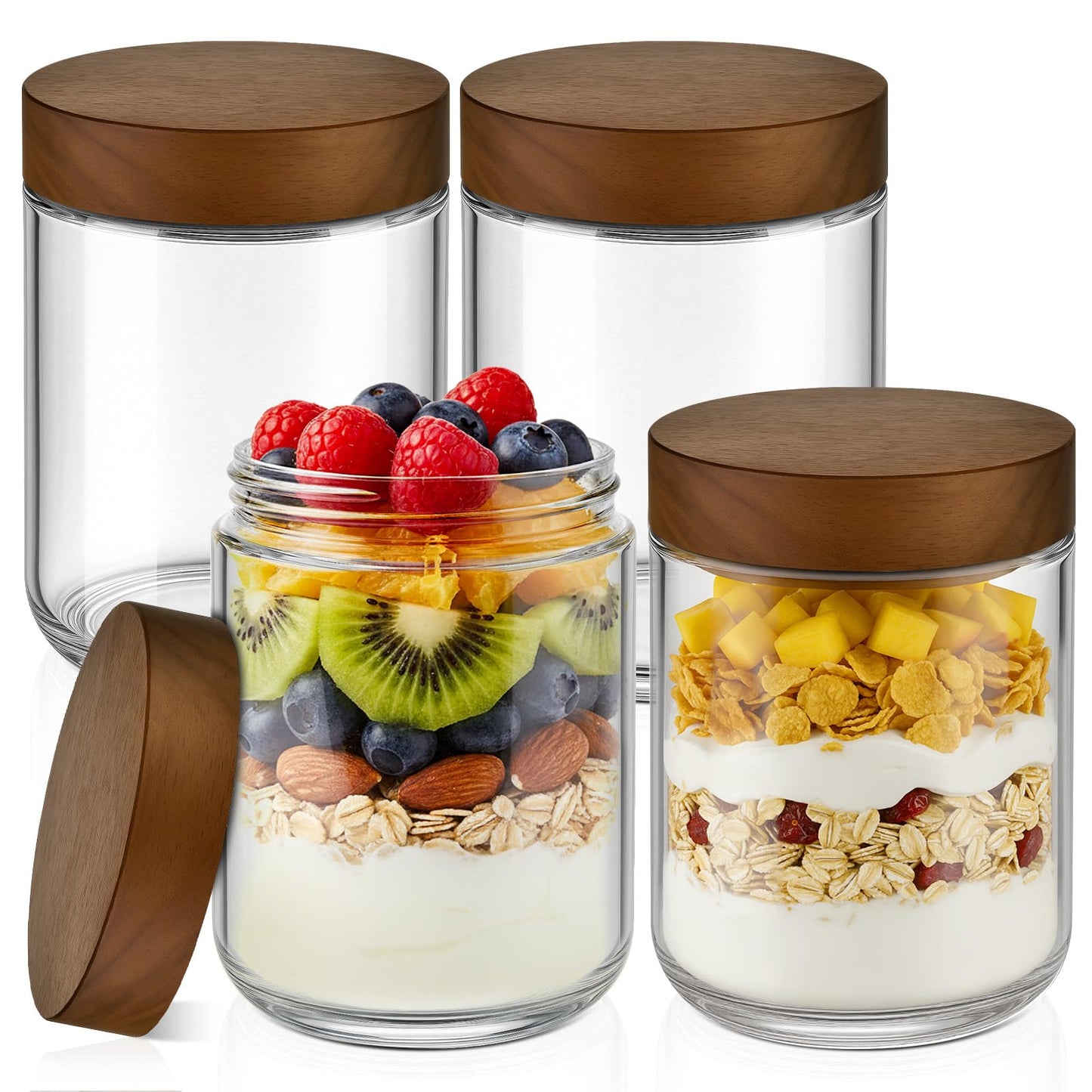 Bumobum Glass Jar with Lid, 500ml(16oz) Overnight Oats Jar, Glass Container Food Storage, Wide Mouth Mason Jars for Chia Pudding Meal Prep Parfait Salad Snacks Yogurt Spice,4 Pack