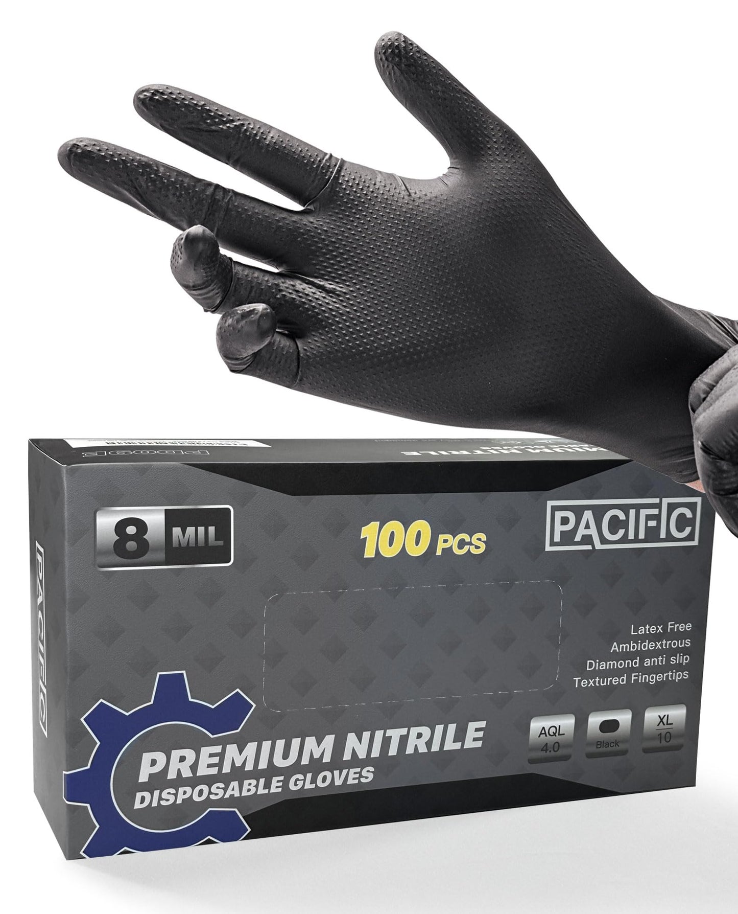 PACIFIC 8 Mil Heavy Duty Black Nitrile Gloves, Food Safe, Latex Free, Mechanic, Fully-Diamond Textured Grip Industrial Disposable Gloves, X-Large