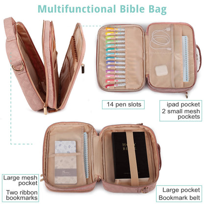 2 Layers Bible Cover for Women,Large Bible Case with Handles Shoulder Strap,Carrying Bible Bag Scripture Case Church Bag Bible Protective with Pocket