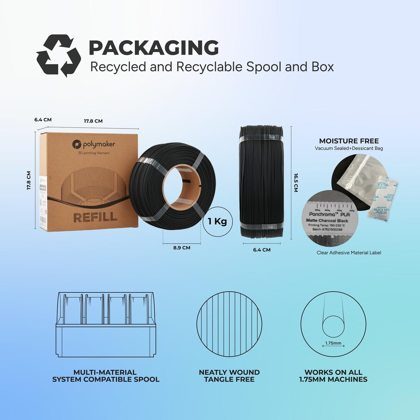 Polymaker Panchroma Refill Spool Matte Fossil Grey PLA 3D Printing Filament Refill, Compatible with All Reusable Spools and All Major FDM 3D Printers, Tangle-Free, Vibrant Colors, 1.75mm 1kg