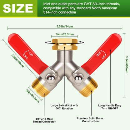 DINGBAI Hose Splitter 2 Way, High Flow Garden Hose Splitters, 3/4” GHT Inlet Brass Heavy Duty Hose Converter, Full Flow Water 2 Way Faucet Hose Splitter, Long Handle Hose Valve Large Outlet.