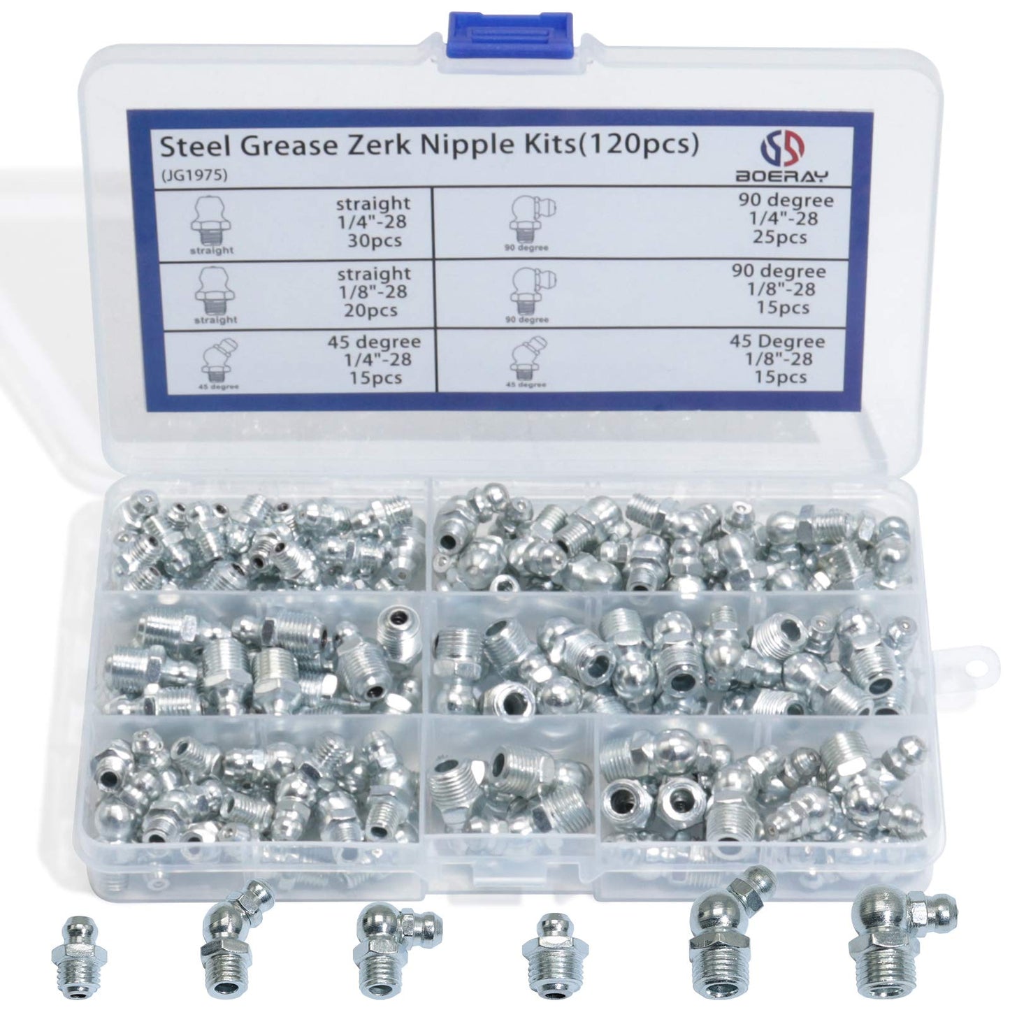 Boeray Hydraulic Grease Fitting SAE Standard 120pcs Assortment Kits - 1/4"-28 1/8"-28 Straight and 90 Degree and 45 Degree Steel Zerk Grease Nipple Fitting