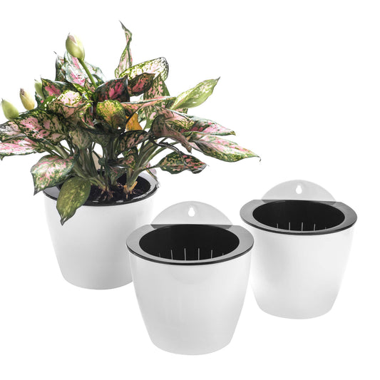 3 Pack Hanging Planter Pots Self Watering Vertical Garden Wall Mount Window Hang Round Plastic Container Indoor Outdoor for Plants Flowers Succulent Kitchen Living Herbs Holder Decor Decoration White