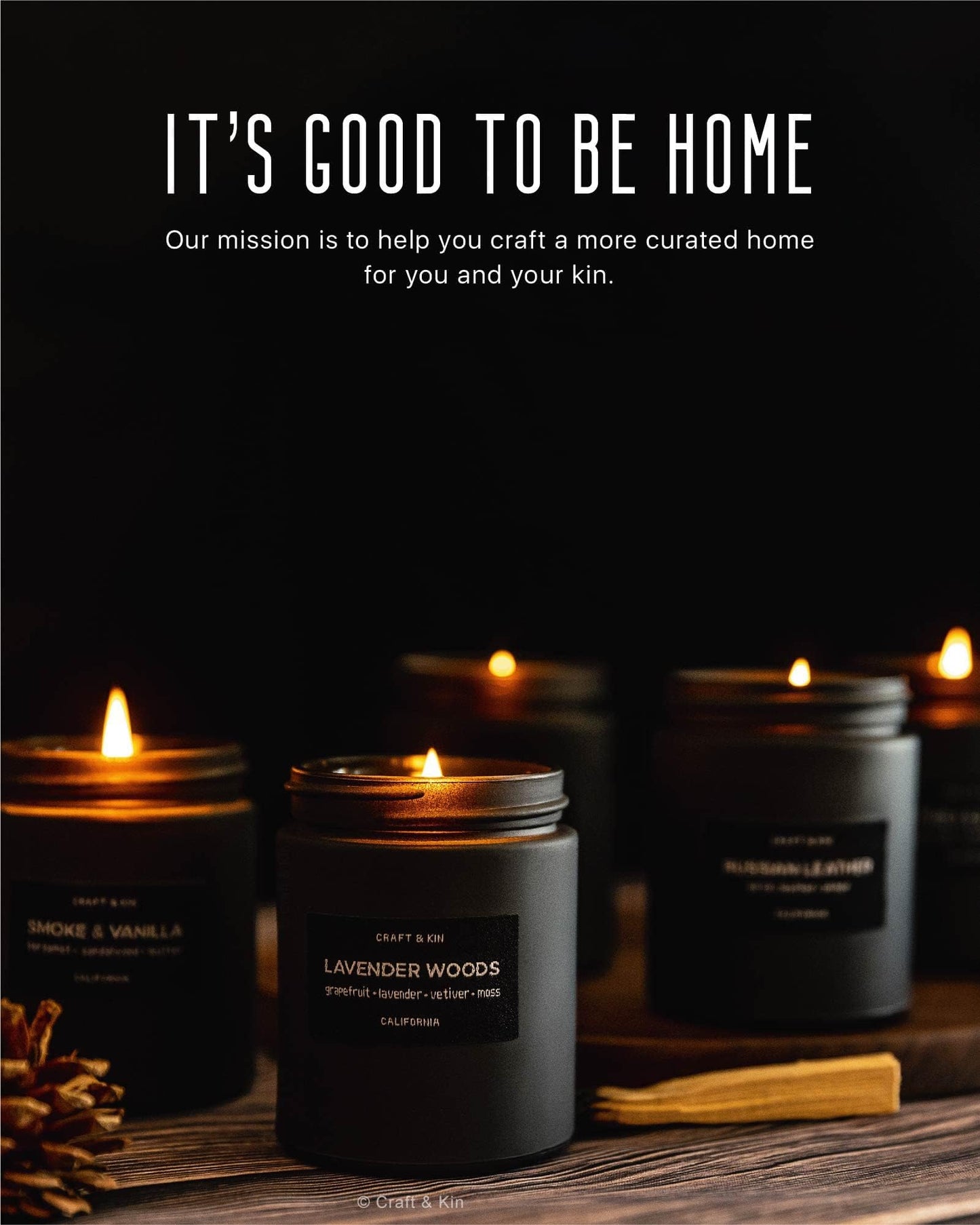 Craft & Kin Scented Black Candles for Men | Premium Smoke & Vanilla Scented Candles | Long Lasting Candle with 45 Hour Burn Time, 7.6oz