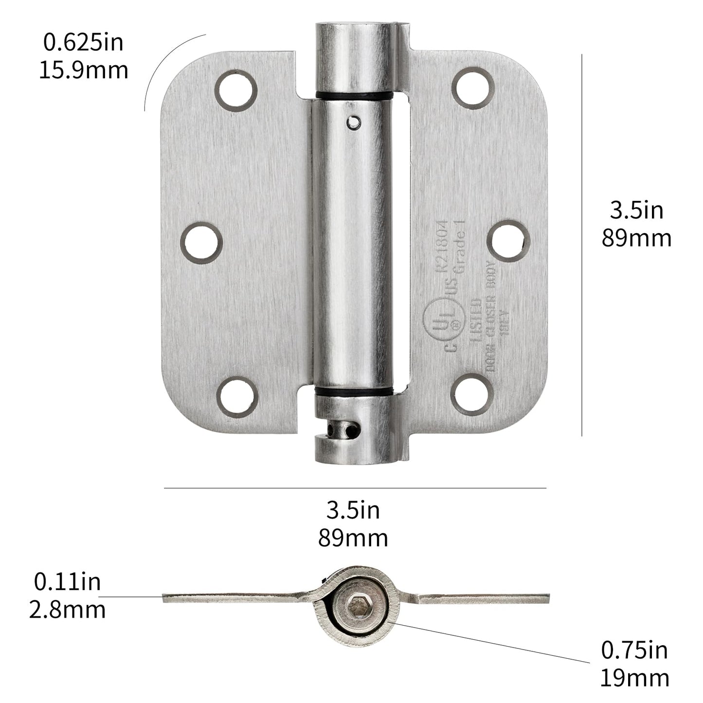 Sophia 2 Pack Self-Closing Door Hinge 3.5 Inch Rounded 5/8 Radius, Spring Hinges Adjustable Tension, Automatic Door Closer Hinge for Interior Exterior Residential Standard Indoor Doors, Satin Nickel