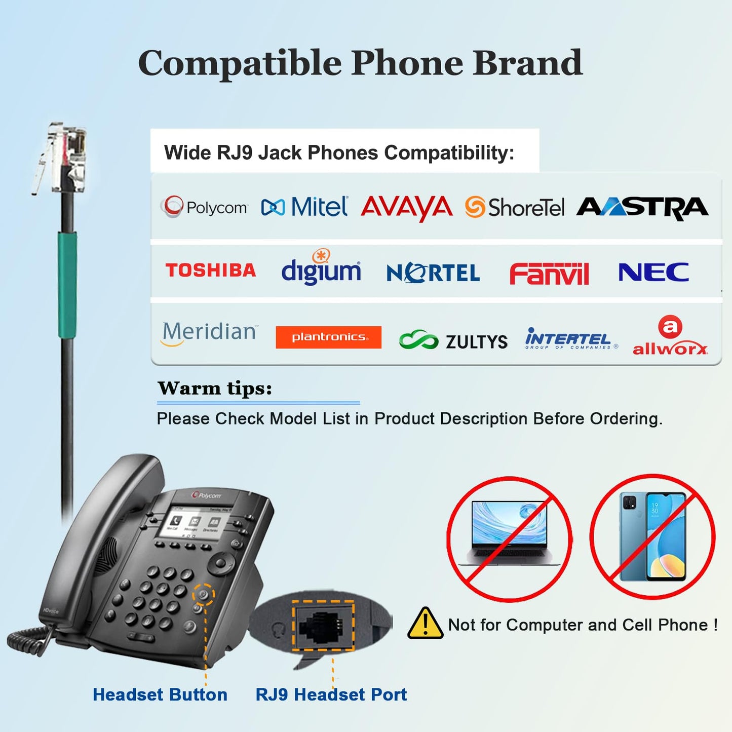 Callez Corded Telephone Headset for Polycom Office Phone with Noise Cancelling Mic, RJ9 Mono Phone Headset Compatible with Polycom Plantronics Avaya ShoreTel Digium Landline Deskphones