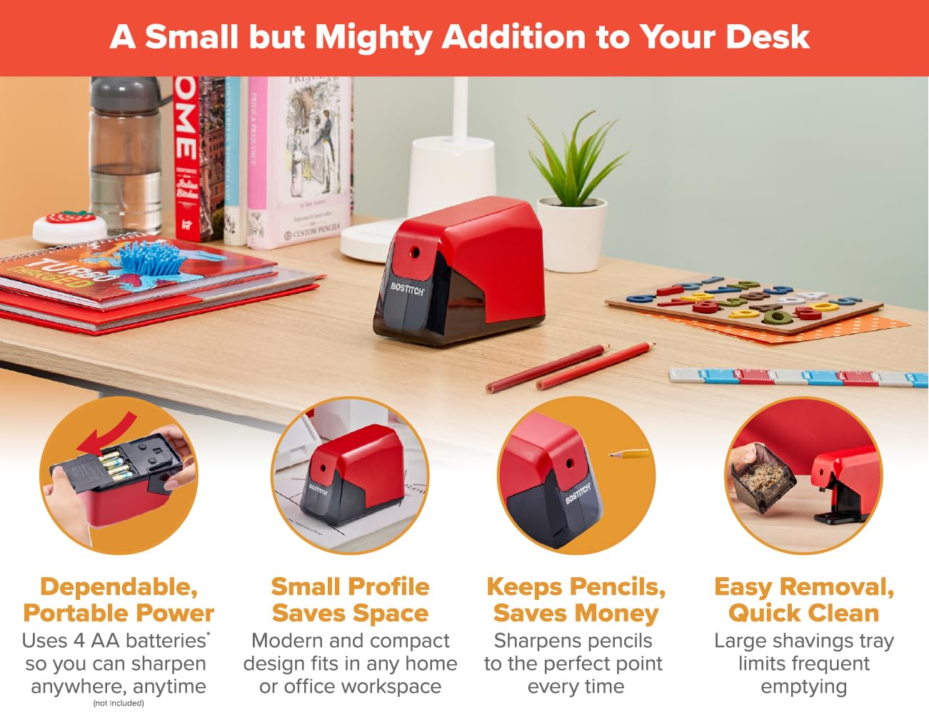 Bostitch Office Battery Pencil Sharpener, 4X Longer Cutter Life, Tip Saver Technology, Red