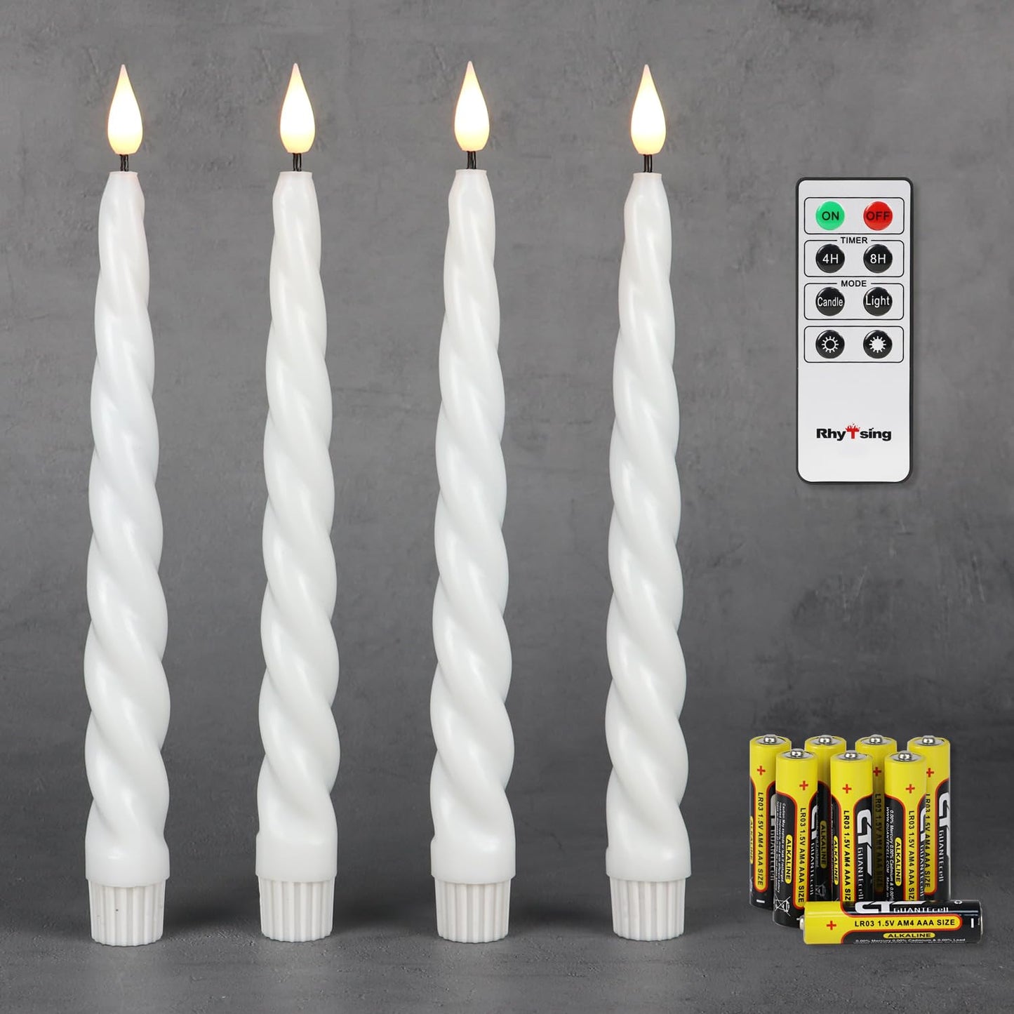 Rhytsing Set of 4 White Flameless Twist Taper Candles 9.65'' with Timer, Battery Powered Spiral Table Dinner Wedding Candles, Warm White Light, Remote & Batteries Included