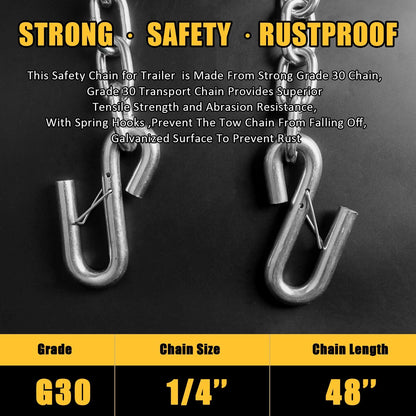 AYMMIC Trailer Hitch Safety Chain, Trailer Accessories, 1/4" Forged Loose-Leaf Chain with U-Shaped Safety Grapple, 48"*1/4" Safety Chain G30 (Pack of 2) Brand: AYMMIC