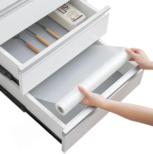 Drawer Liner Shelf Liners for Kitchen Cabinets Non-Adhesive by Linda’s Essentials (17.5 x 240 Inches) - Non-Slip Easy Clean Kitchen Cupboard and Cabinet Protector, Waterproof Mat, Clear Roll