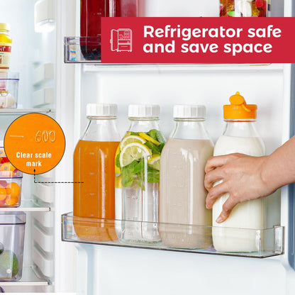 Dwbligt 32 Oz Reusable Glass Water Bottles with Silicone Dispenser Cap, 2 Pack Milk Jugs with Airtight Screw Lids, Leak Proof Glass Juice Bottles with Scale Marks for Fridge