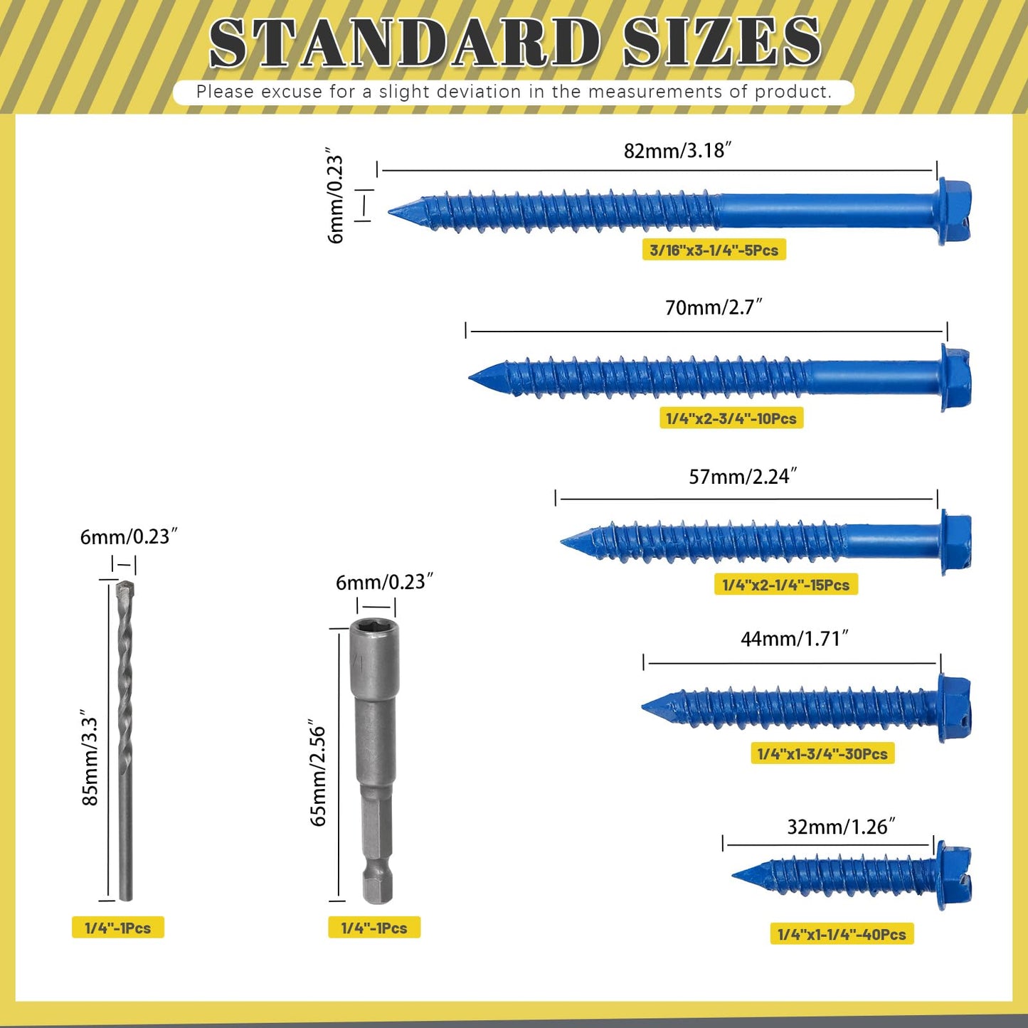 Mardatt 102Pcs 1/4” 5 Sizes Concrete Screws, Slotted Hex Washer Head Concrete Screws Anchor with Drill Bit and Hex Bit Socket, Self Tapping Masonry Screws for Anchoring to Masonry Block Brick Stucco