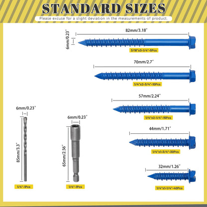 Mardatt 102Pcs 1/4” 5 Sizes Concrete Screws, Slotted Hex Washer Head Concrete Screws Anchor with Drill Bit and Hex Bit Socket, Self Tapping Masonry Screws for Anchoring to Masonry Block Brick Stucco